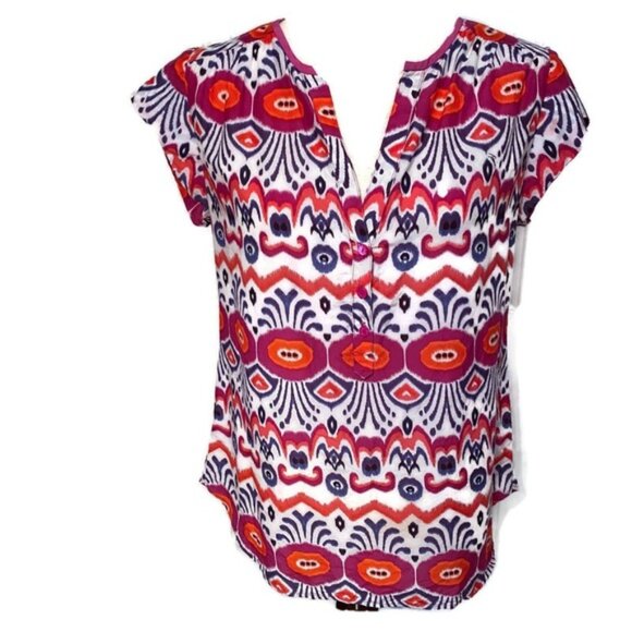 TRINA TURK TOP BLOUSE WHITE BLUE MULTI COLOR BOHO TRIBAL Size S - Picture 1 of 7